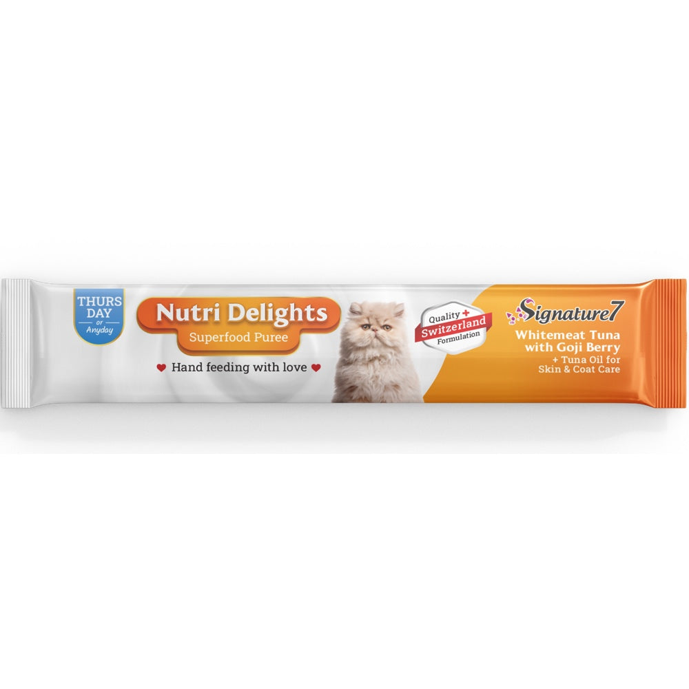 $1 OFF (Exp 17May26): Signature7 Nutri Delights Superfood Whitemeat Tuna With Goji Berry & Tuna Oil (Thurs) Puree Cat Treats 60g