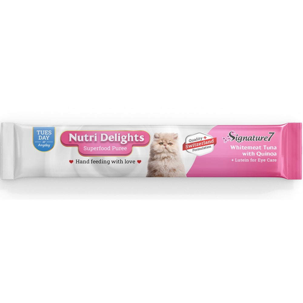 $1 OFF (Exp 17May26): Signature7 Nutri Delights Superfood Whitemeat Tuna With Quinoa & Lutein (Tues) Puree Cat Treats 60g - Kohepets