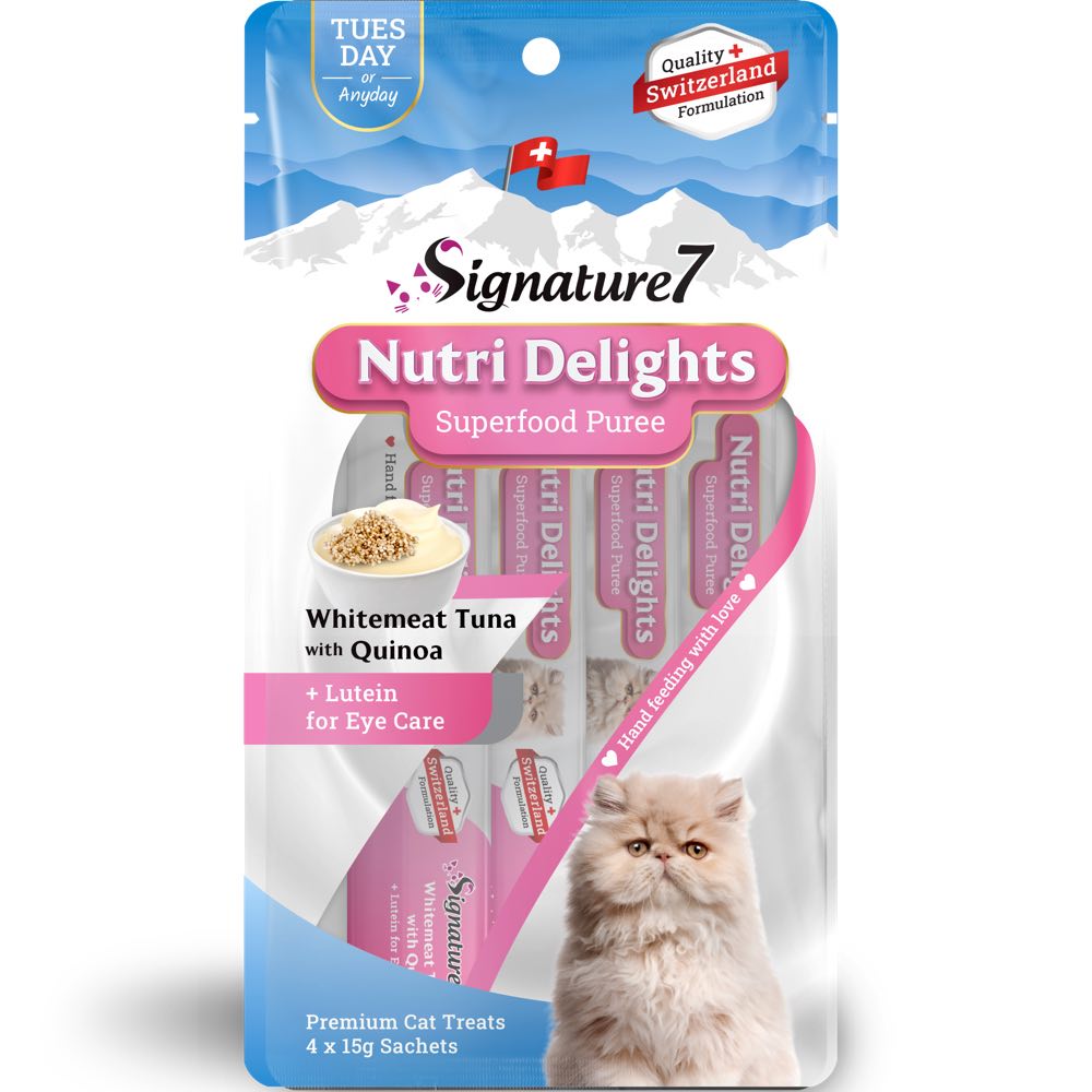$1 OFF (Exp 17May26): Signature7 Nutri Delights Superfood Whitemeat Tuna With Quinoa & Lutein (Tues) Puree Cat Treats 60g - Kohepets